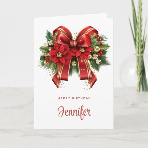 Big Red and Gold Bow Festive Holiday Birthday Card