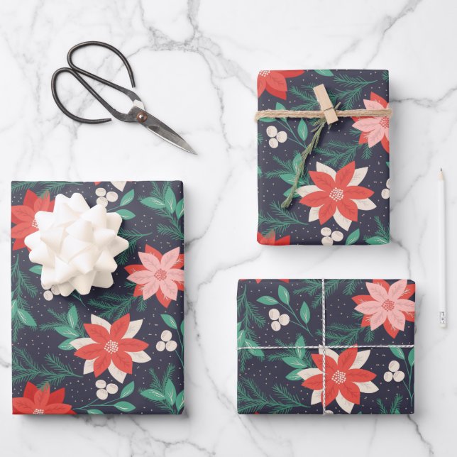 Big Red and White Christmas Poinsettias Wrapping Paper Sheets (Front)