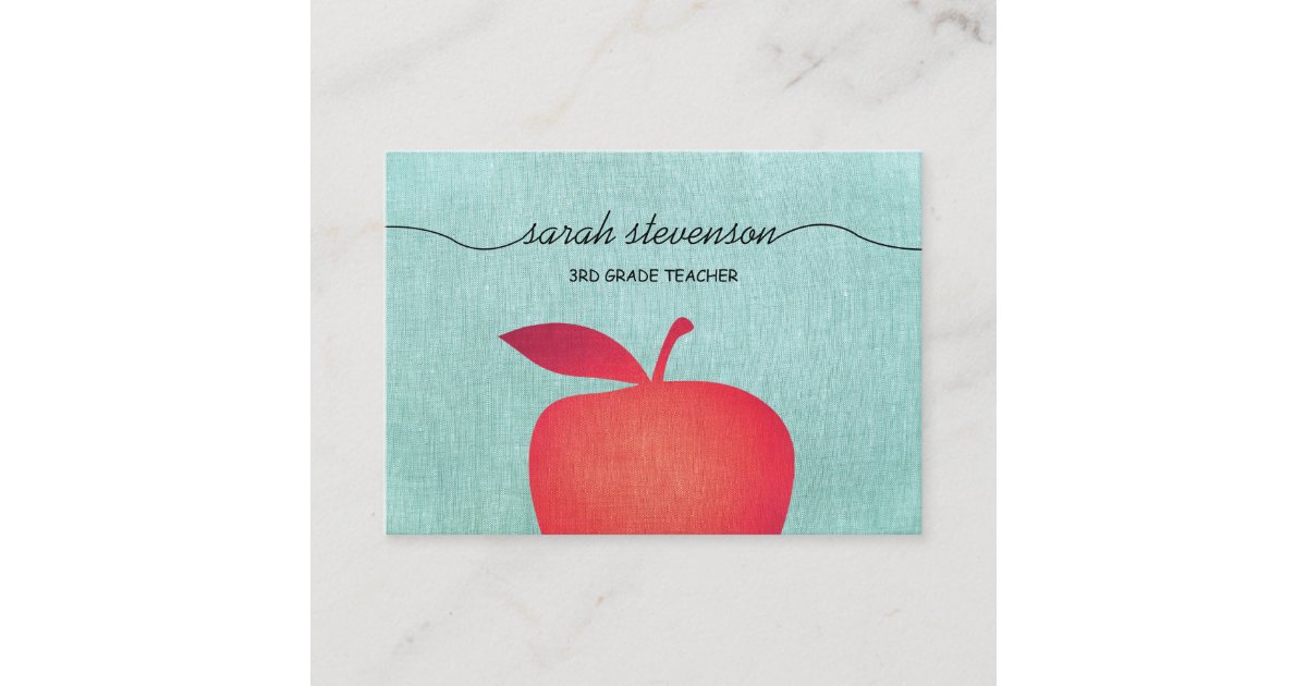Big Red Apple Chalkboard School Teacher Linen Look Business Card | Zazzle