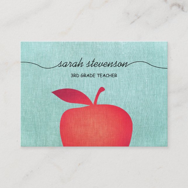 Big Red Apple Chalkboard School Teacher Linen Look Business Card (Front)