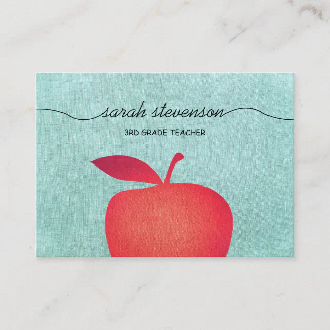 Big Red Apple Chalkboard School Teacher Linen Look Business Card | Zazzle