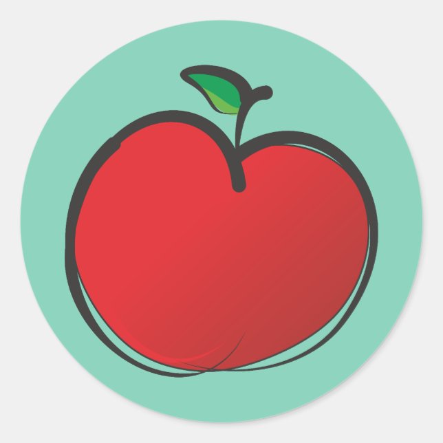 Big Red Apple Drawing on a Pale Green Background Classic Round Sticker (Front)