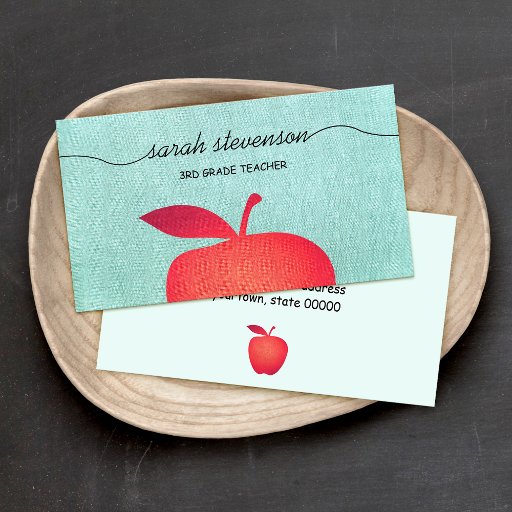 Customizable Big Red Apple Chalkboard School Teacher Linen Look Business Card Template