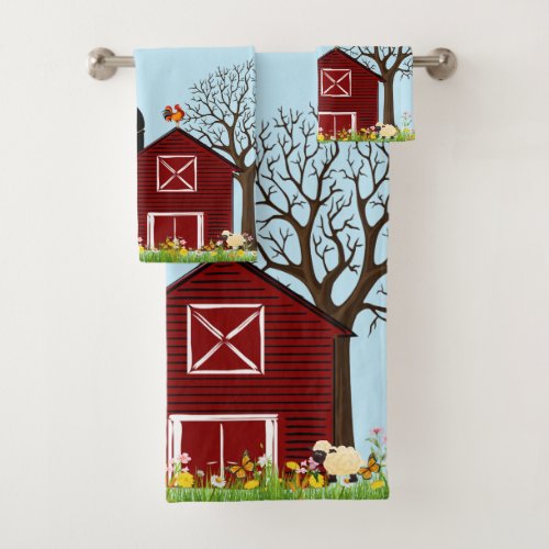 Big Red Barn Farm Animals Cat Flowers Butterflies Bath Towel Set