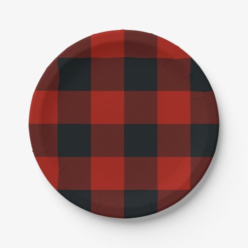 Big Red  Black Checkered Squares Buffalo Plaid Paper Plates