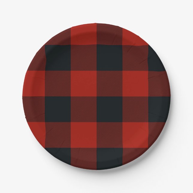 Big Red & Black Checkered Squares Buffalo Plaid Paper Plates (Front)