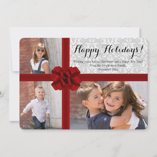 Big Red Bow 3 Photo Christmas Card (Front)