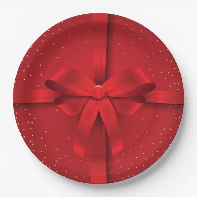 Big Red Bow Christmas Holidays Gift Paper Plates (Front)