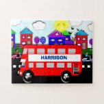Big Red Bus Cute Personalized Kids Jigsaw Puzzle<br><div class="desc">A big red double decker bus on a fun colorful busy town road with cute little houses,  trees,  birds and a bright sunshine; ideal for little kids and so easy to customize with a personal name. .</div>