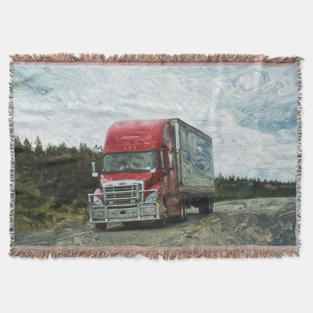 Big Red Cargo Truck Highway Driving Art Design Throw Blanket (Front)