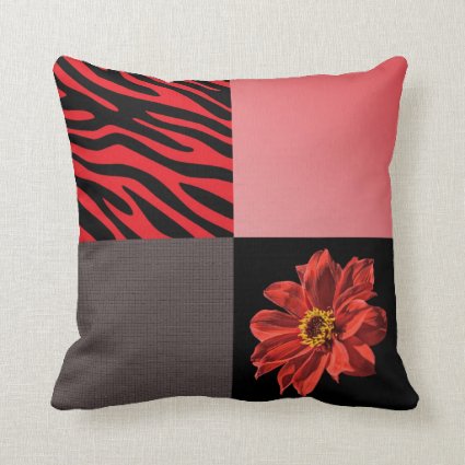 Big Red Flower Black Zebra Stripe Patchwork Throw Pillow