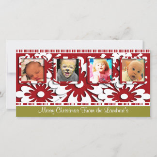 Big Red Flowers Tiny Stripes Christmas Photo Holiday Card