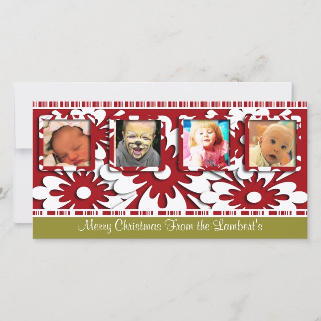 Big Red Flowers Tiny Stripes Christmas Photo Holiday Card (Front)