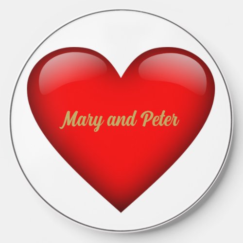 Big red glass heart with names wireless charger 