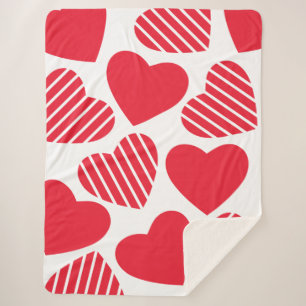 Big Red Hearts With Stripes Pattern On White Sherpa Blanket