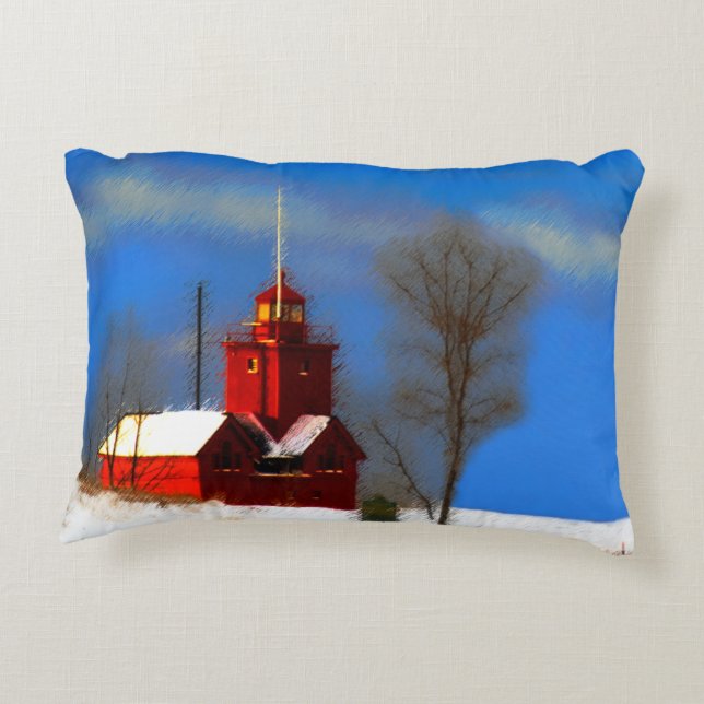 Big Red Lighthouse Painting - Original Art Accent Pillow (Back)