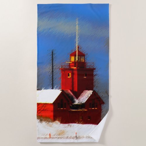 Big Red Lighthouse Painting _ Original Art Beach Towel
