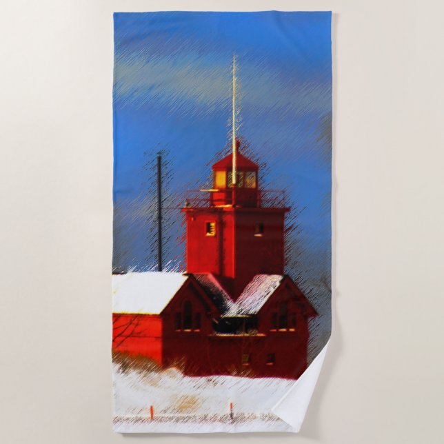 Big Red Lighthouse Painting - Original Art Beach Towel (Front)