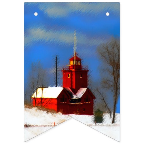 Big Red Lighthouse Painting _ Original Art Bunting Flags