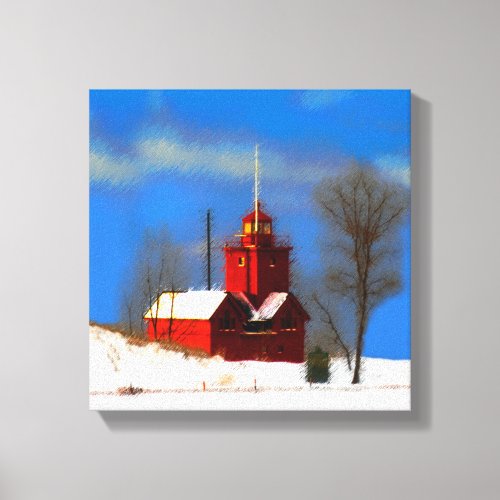 Big Red Lighthouse Painting _ Original Art Canvas Print