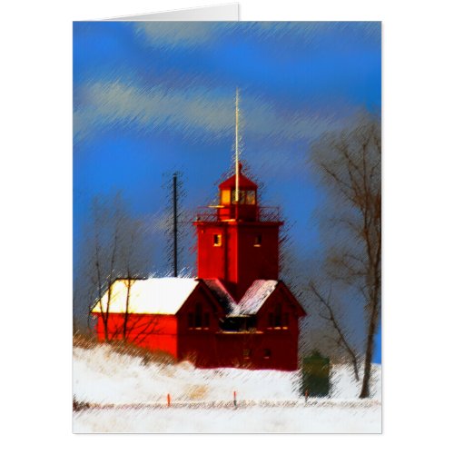Big Red Lighthouse Painting _ Original Art Card
