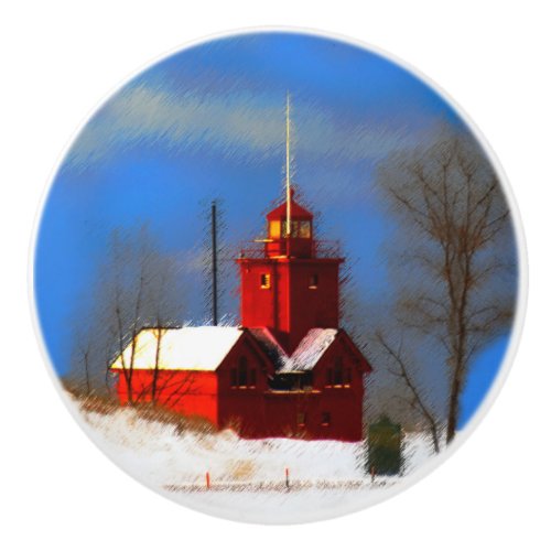 Big Red Lighthouse Painting _ Original Art Ceramic Knob