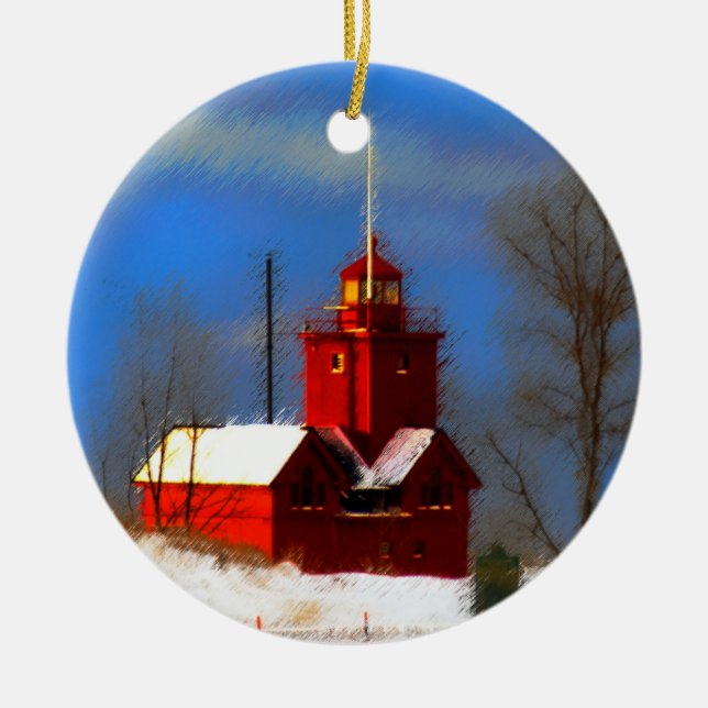 Big Red Lighthouse Painting - Original Art Ceramic Ornament (Front)