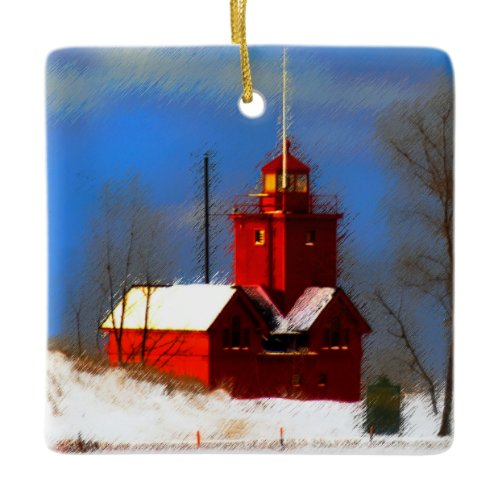Big Red Lighthouse Painting - Original Art Ceramic Ornament