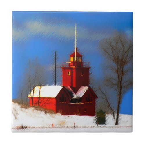 Big Red Lighthouse Painting _ Original Art Ceramic Tile