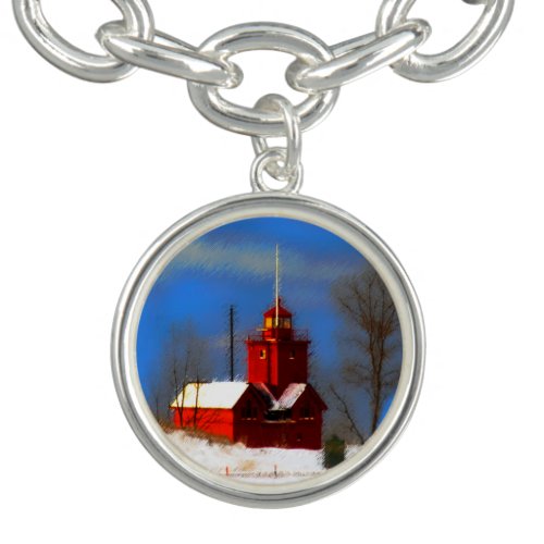 Big Red Lighthouse Painting _ Original Art Charm Bracelet