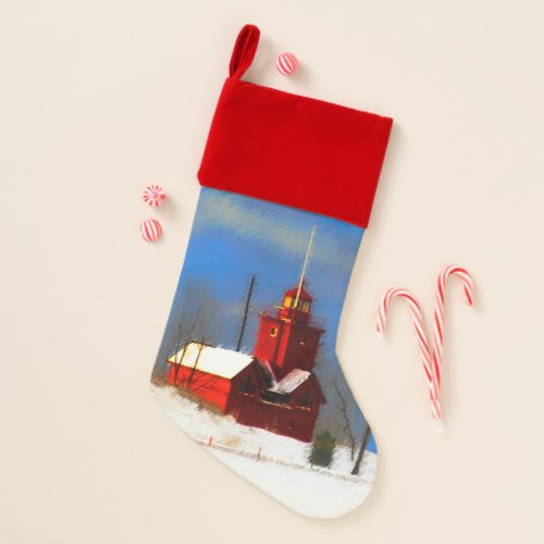 Big Red Lighthouse Painting _ Original Art Christmas Stocking