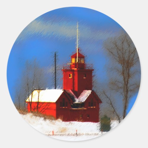 Big Red Lighthouse Painting _ Original Art Classic Round Sticker