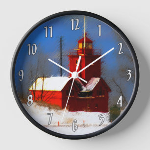 Big Red Lighthouse Painting - Original Art Clock