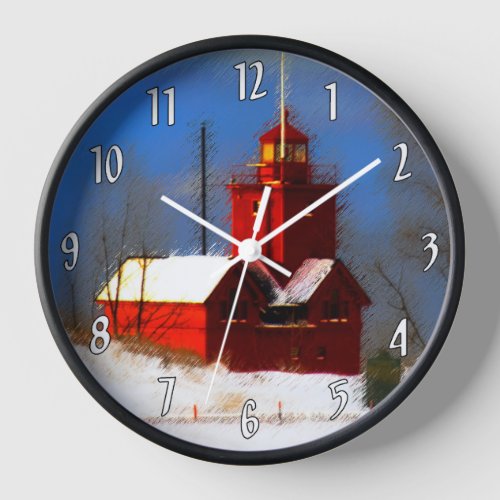 Big Red Lighthouse Painting _ Original Art Clock