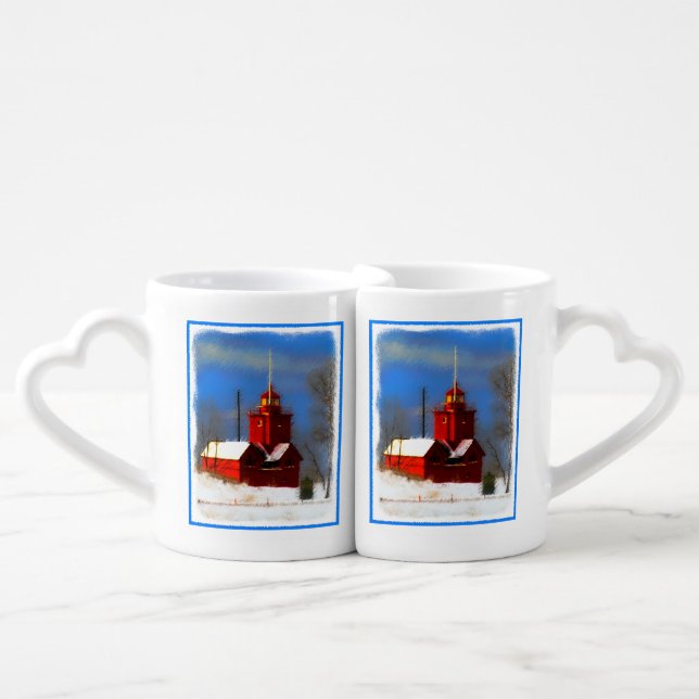 Big Red Lighthouse Painting - Original Art Coffee Mug Set (Front Nesting)