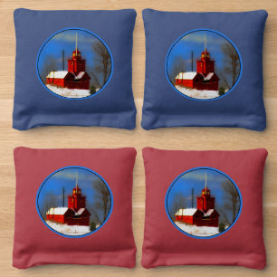 Big Red Lighthouse Painting - Original Art Cornhole Bags