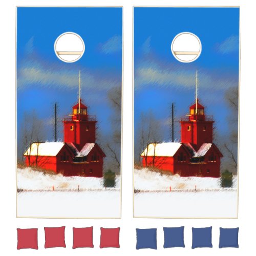 Big Red Lighthouse Painting _ Original Art Cornhole Set
