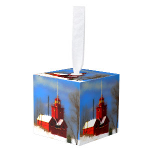 Big Red Lighthouse Painting - Original Art Cube Ornament