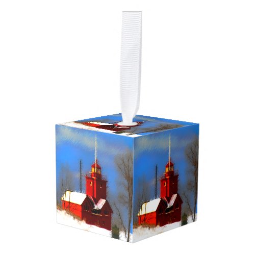 Big Red Lighthouse Painting - Original Art Cube Ornament