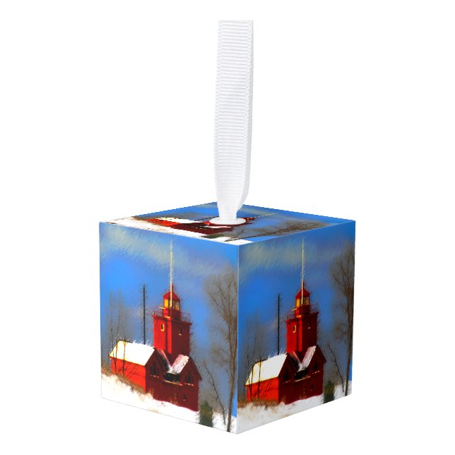 Big Red Lighthouse Painting - Original Art Cube Ornament (Front Angled)