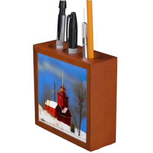 Big Red Lighthouse Painting _ Original Art Desk Organizer