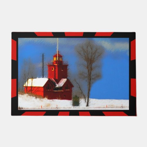 Big Red Lighthouse Painting _ Original Art Doormat