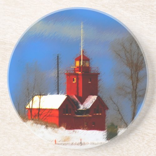 Big Red Lighthouse Painting _ Original Art Drink Coaster