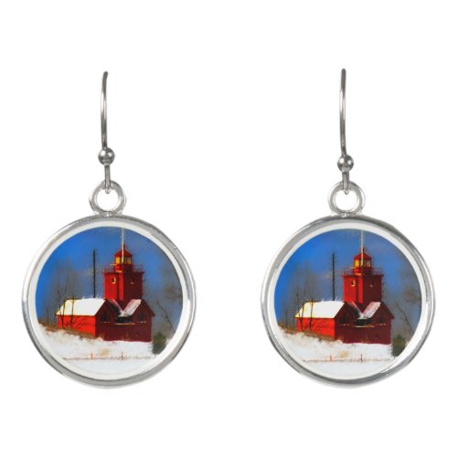 Big Red Lighthouse Painting _ Original Art Earrings