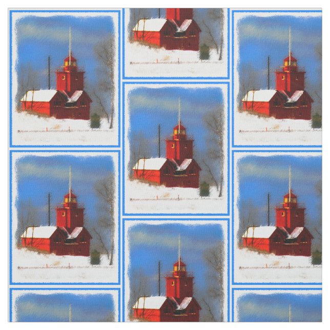 Big Red Lighthouse Painting - Original Art Fabric (Swatch)