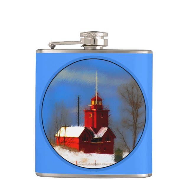 Big Red Lighthouse Painting - Original Art Flask (Front)