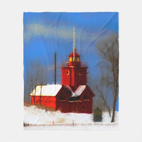 Big Red Lighthouse Painting _ Original Art Fleece Blanket