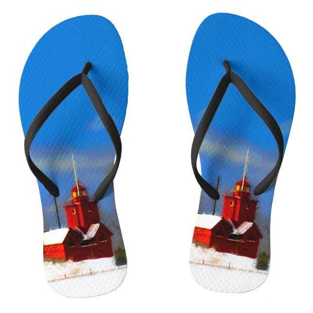 Big Red Lighthouse Painting - Original Art Flip Flops (Footbed)