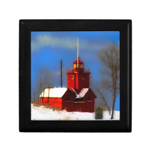 Big Red Lighthouse Painting _ Original Art Gift Box