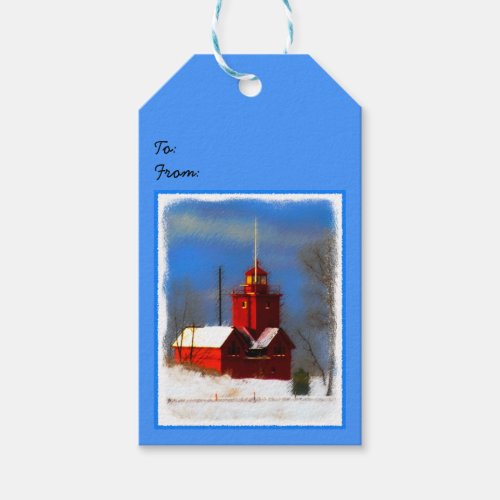 Big Red Lighthouse Painting _ Original Art Gift Tags